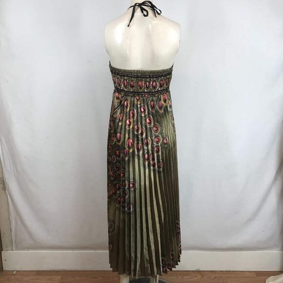 NF - WOMEN'S FREE SIZE - PLEATED HALTER V NECK PEACOCK SUMMER MAXI DRESS - Picture 5 of 9